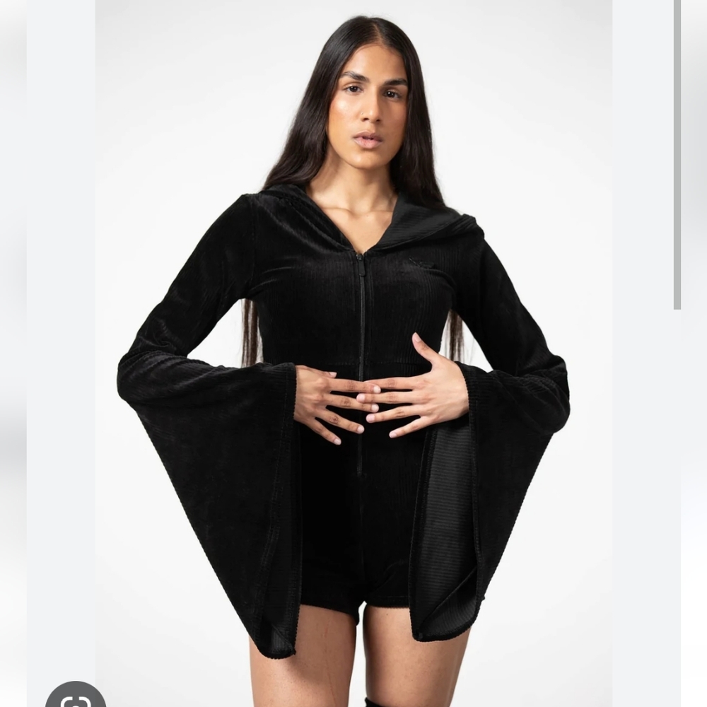 Killstar Black Velvet Hooded Bell Sleeve Romper